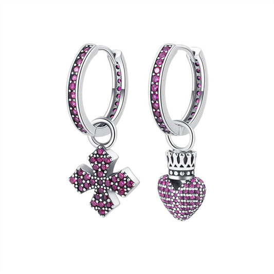 S925 Cross Heart Asymmetric Earrings